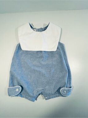 Mud Pie Baby Romper 0-3M Blue Chambray Bubble White Collar Classic Easter Outfit